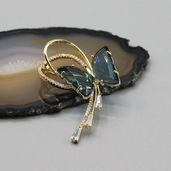 Butterfly pin brooch jewelry blue gold crystal - Picture 3 of 12